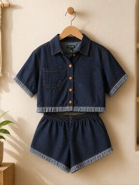 Fashion Nova Dark Blue Denim Cropped Shirt & Shorts Set